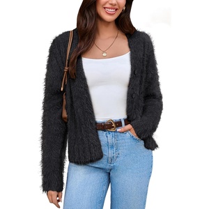 GRACE KARIN Women’s Fuzzy Cardigan Long Sleeve Open Front V-Neck Button Down Loose Knit Sweater Outwear Coat(Black)