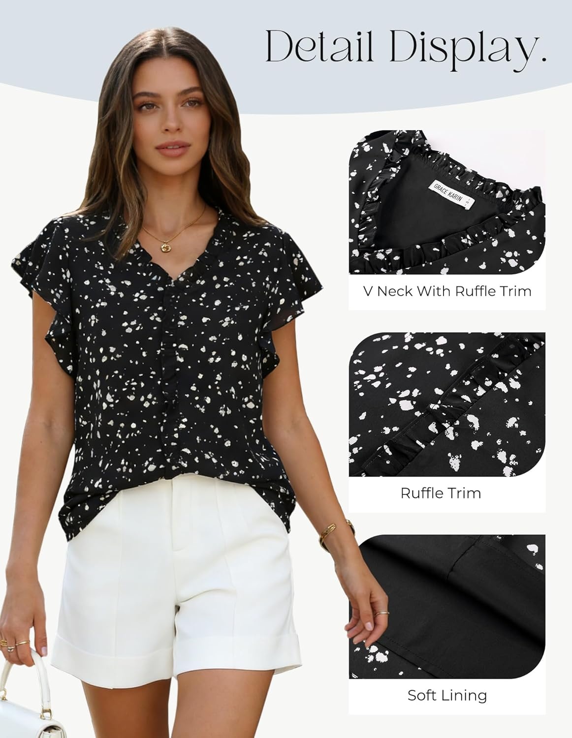 image:imageGRACE KARIN 2026 Boho Tops for Women Dressy CasualRuffle Sleeve Chiffon Blouses Floral ShirtsV Neck Summer Fashion ClothesBlack