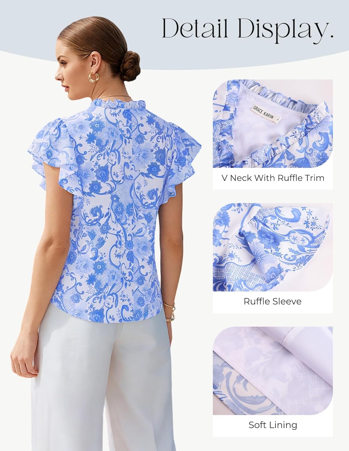 image:imageGRACE KARIN 2026 Boho Tops for Women Dressy CasualRuffle Sleeve Chiffon Blouses Floral ShirtsV Neck Summer Fashion ClothesBlue White