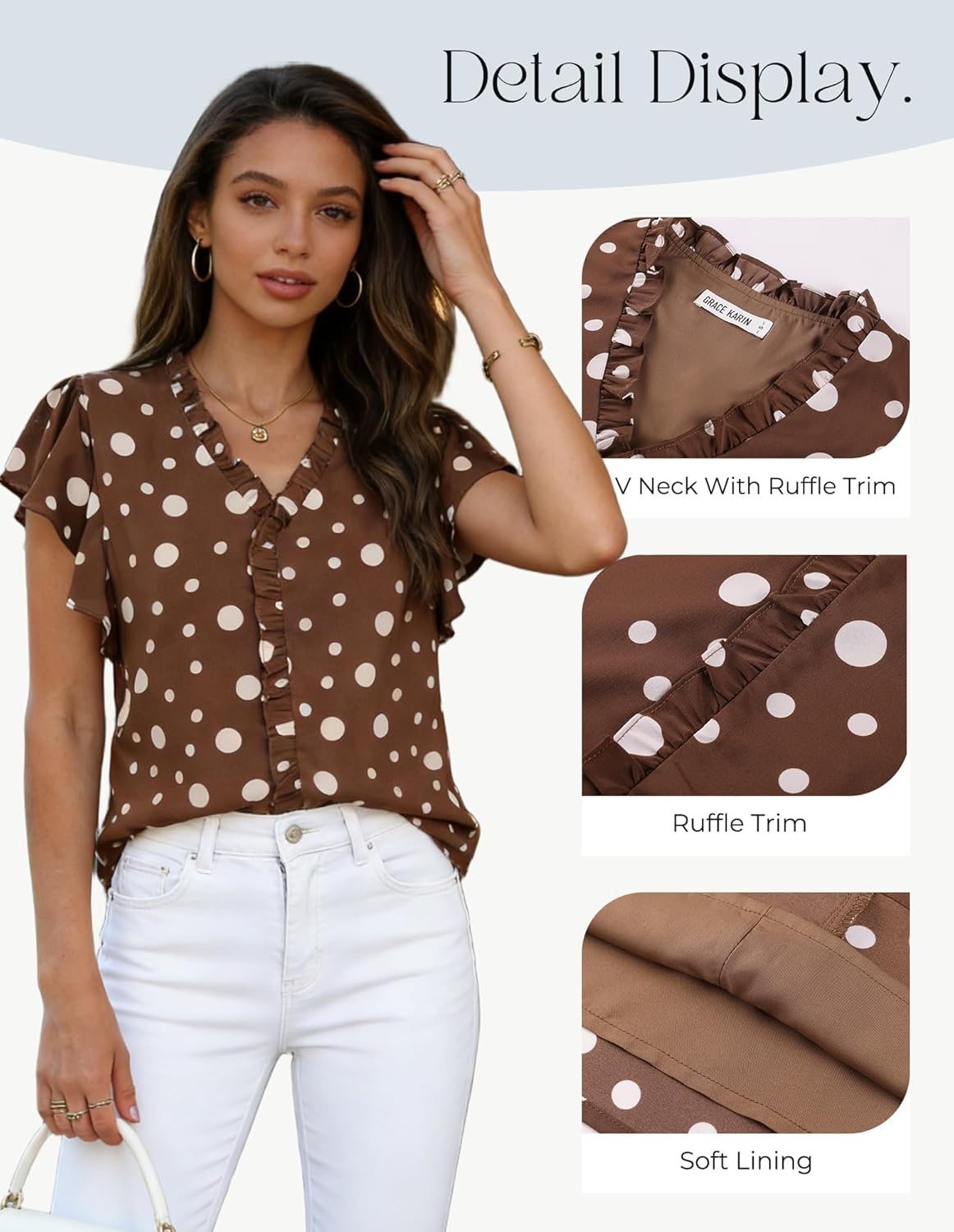 image:imageGRACE KARIN 2026 Boho Tops for Women Dressy CasualRuffle Sleeve Chiffon Blouses Floral ShirtsV Neck Summer Fashion ClothesChestnut