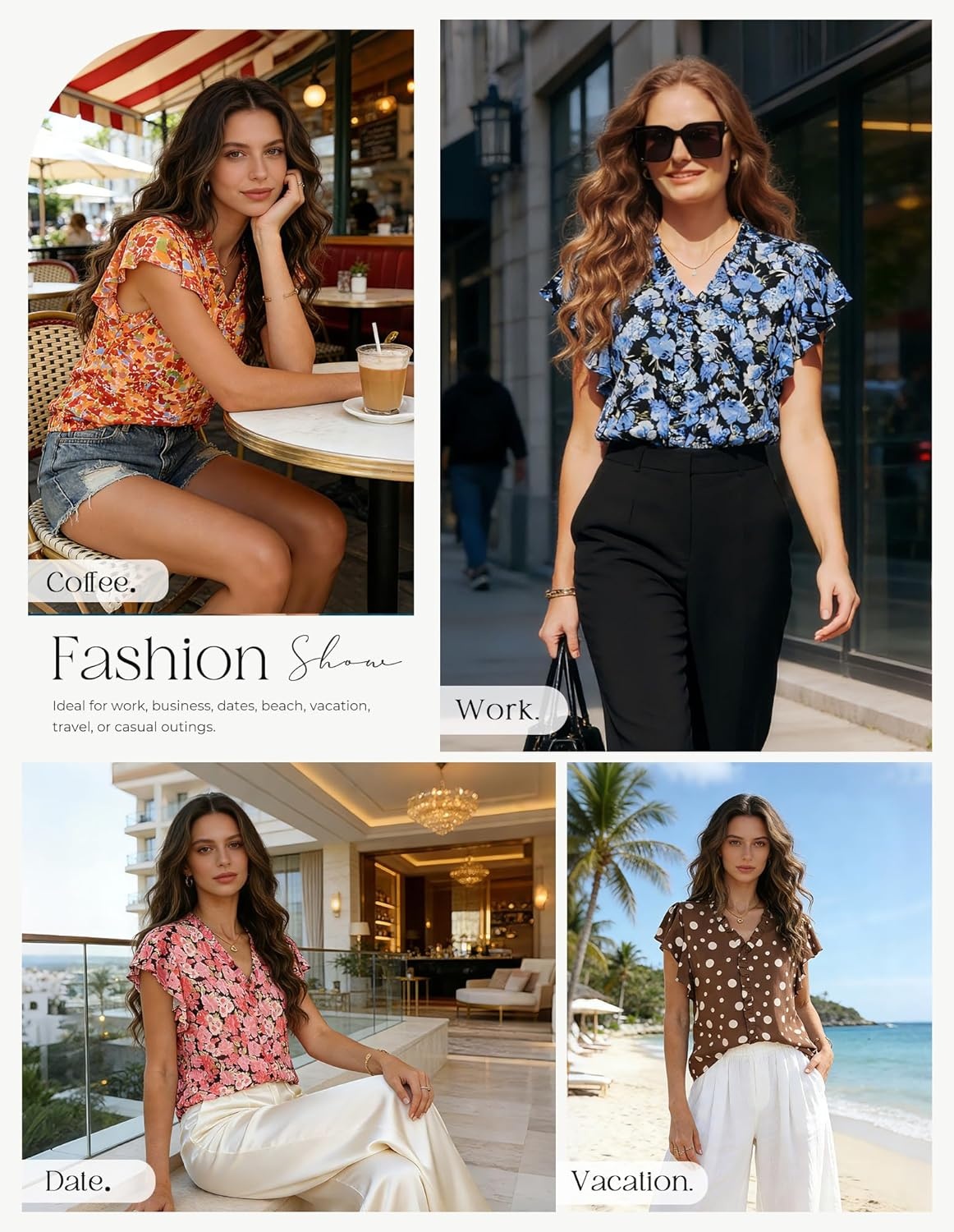 image:imageGRACE KARIN 2026 Boho Tops for Women Dressy CasualRuffle Sleeve Chiffon Blouses Floral ShirtsV Neck Summer Fashion ClothesChestnut