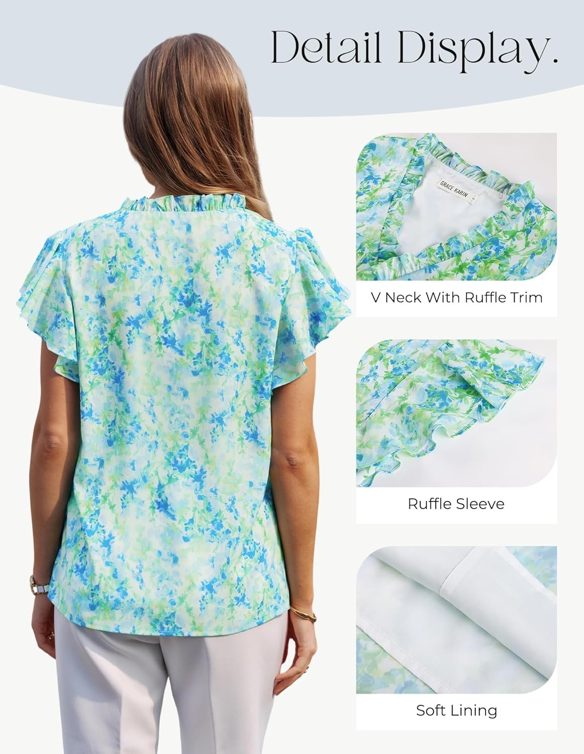 image:imageGRACE KARIN 2026 Boho Tops for Women Dressy CasualRuffle Sleeve Chiffon Blouses Floral ShirtsV Neck Summer Fashion ClothesGreen