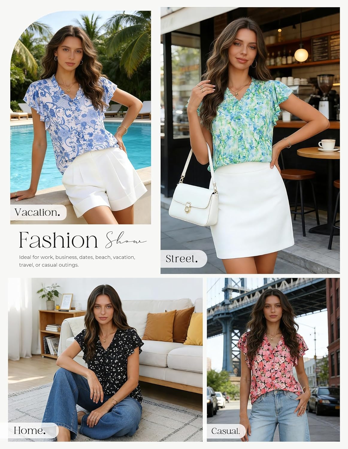 image:imageGRACE KARIN 2026 Boho Tops for Women Dressy CasualRuffle Sleeve Chiffon Blouses Floral ShirtsV Neck Summer Fashion ClothesGreen