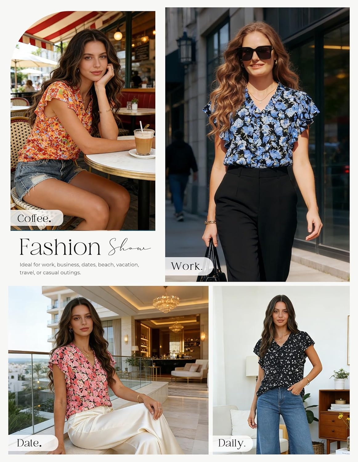 image:imageGRACE KARIN 2026 Boho Tops for Women Dressy CasualRuffle Sleeve Chiffon Blouses Floral ShirtsV Neck Summer Fashion ClothesOrange