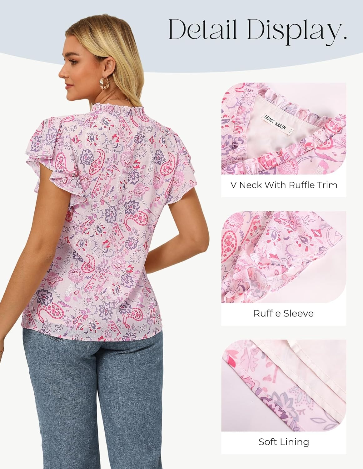 image:imageGRACE KARIN 2026 Boho Tops for Women Dressy CasualRuffle Sleeve Chiffon Blouses Floral ShirtsV Neck Summer Fashion ClothesPink