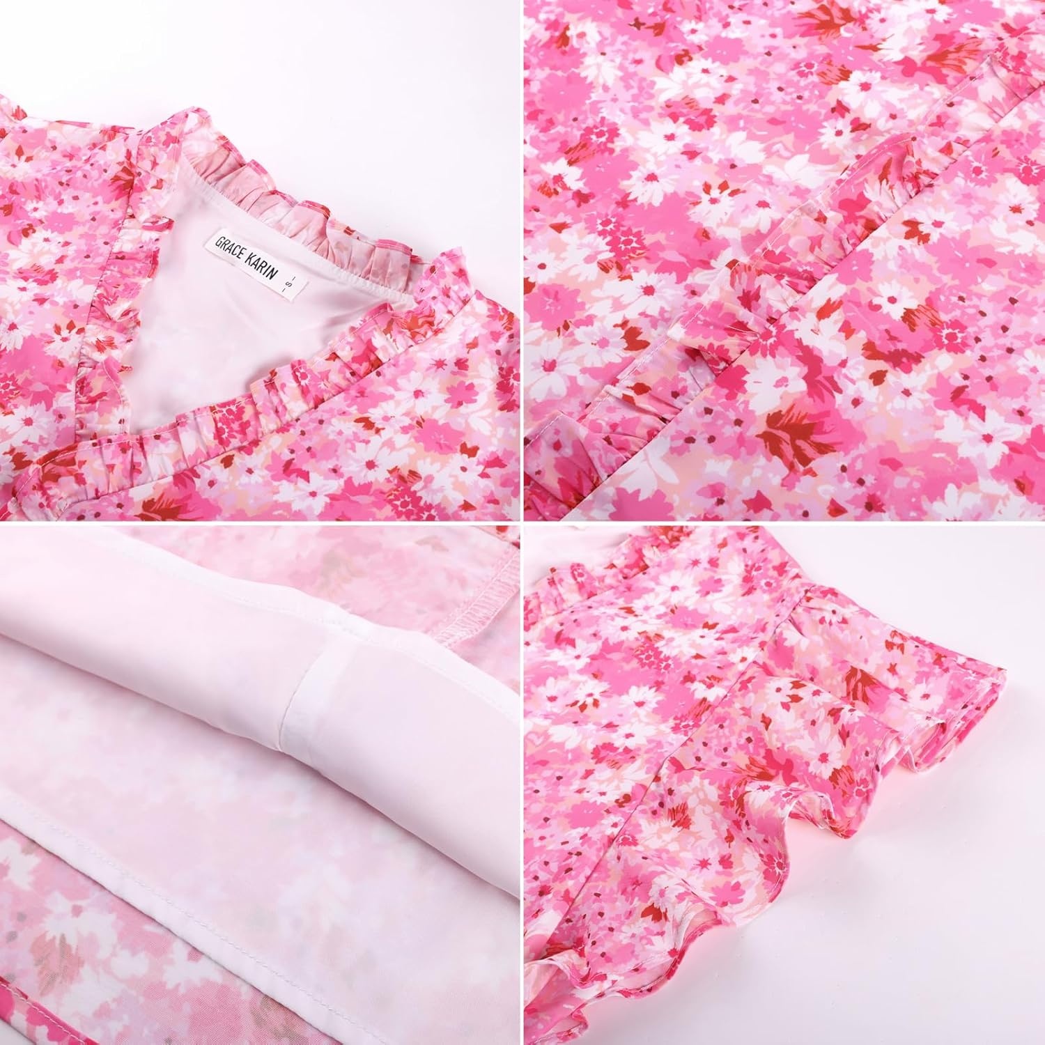 image:imageGRACE KARIN 2026 Boho Tops for Women Dressy CasualRuffle Sleeve Chiffon Blouses Floral ShirtsV Neck Summer Fashion ClothesPink Floral