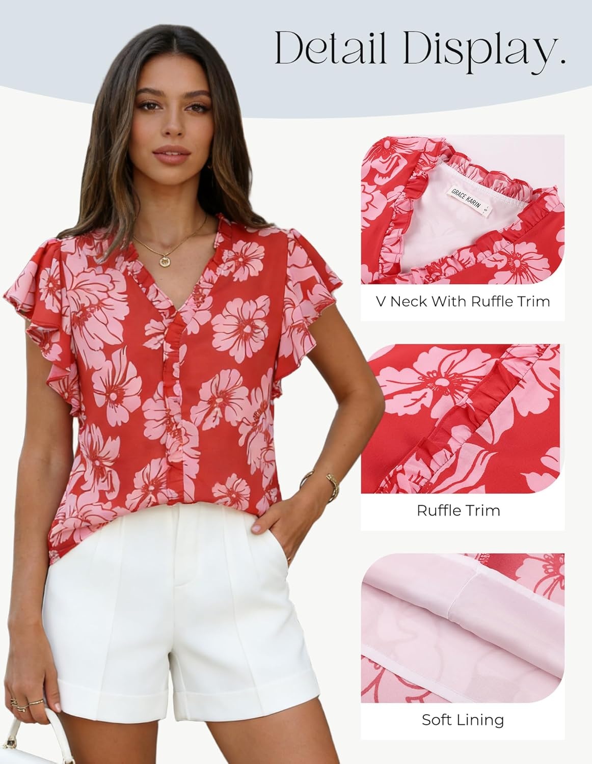 image:imageGRACE KARIN 2026 Boho Tops for Women Dressy CasualRuffle Sleeve Chiffon Blouses Floral ShirtsV Neck Summer Fashion ClothesRed Pink