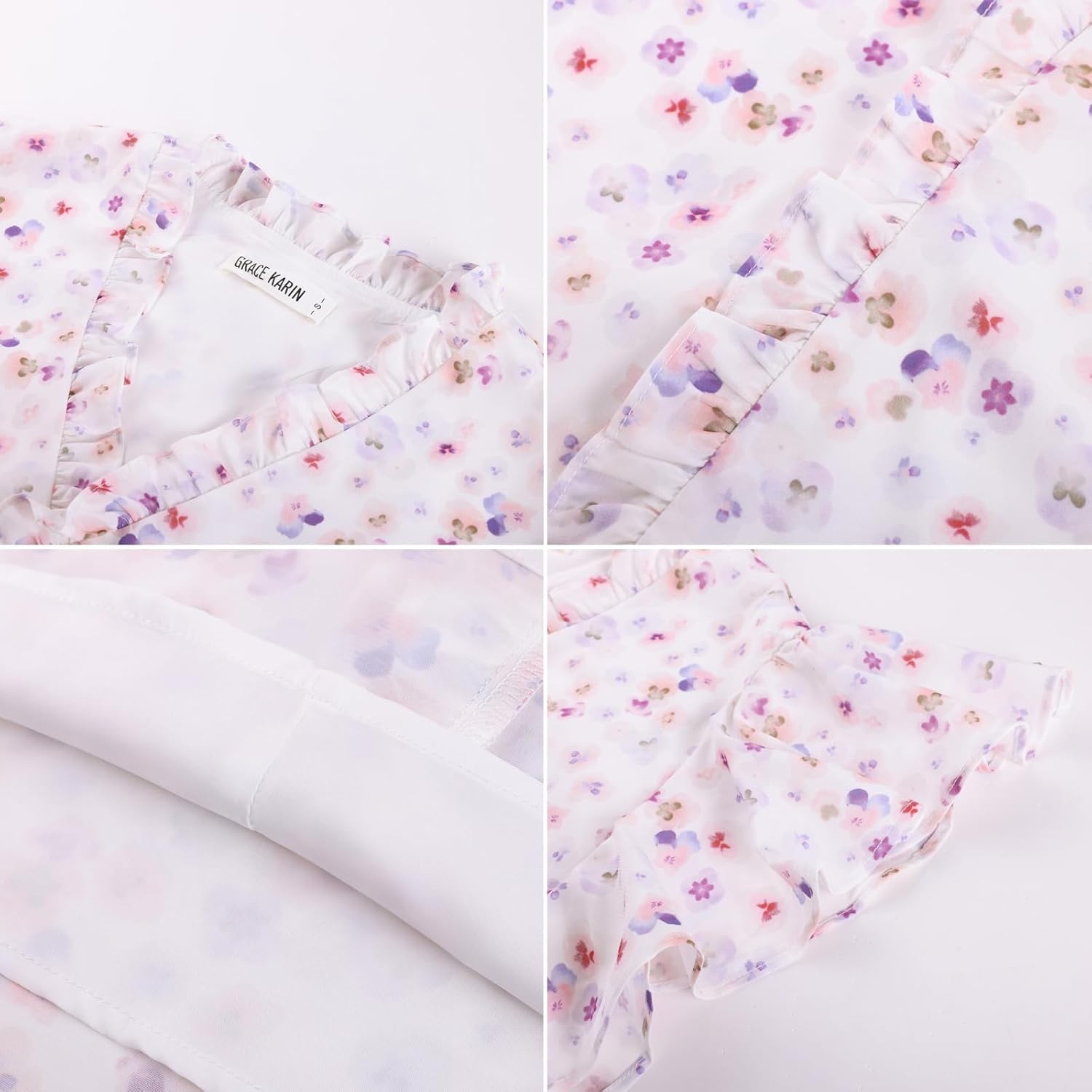 image:imageGRACE KARIN 2026 Boho Tops for Women Dressy CasualRuffle Sleeve Chiffon Blouses Floral ShirtsV Neck Summer Fashion ClothesWhite Flower