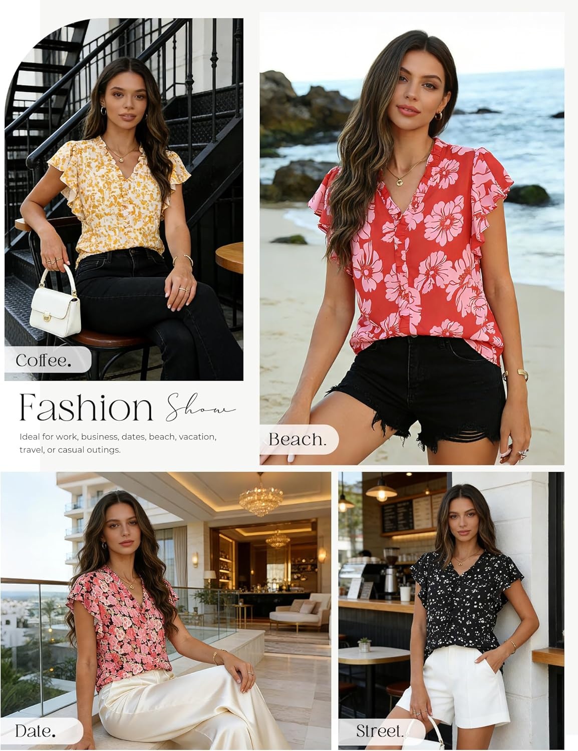 image:imageGRACE KARIN 2026 Boho Tops for Women Dressy CasualRuffle Sleeve Chiffon Blouses Floral ShirtsV Neck Summer Fashion ClothesYellow