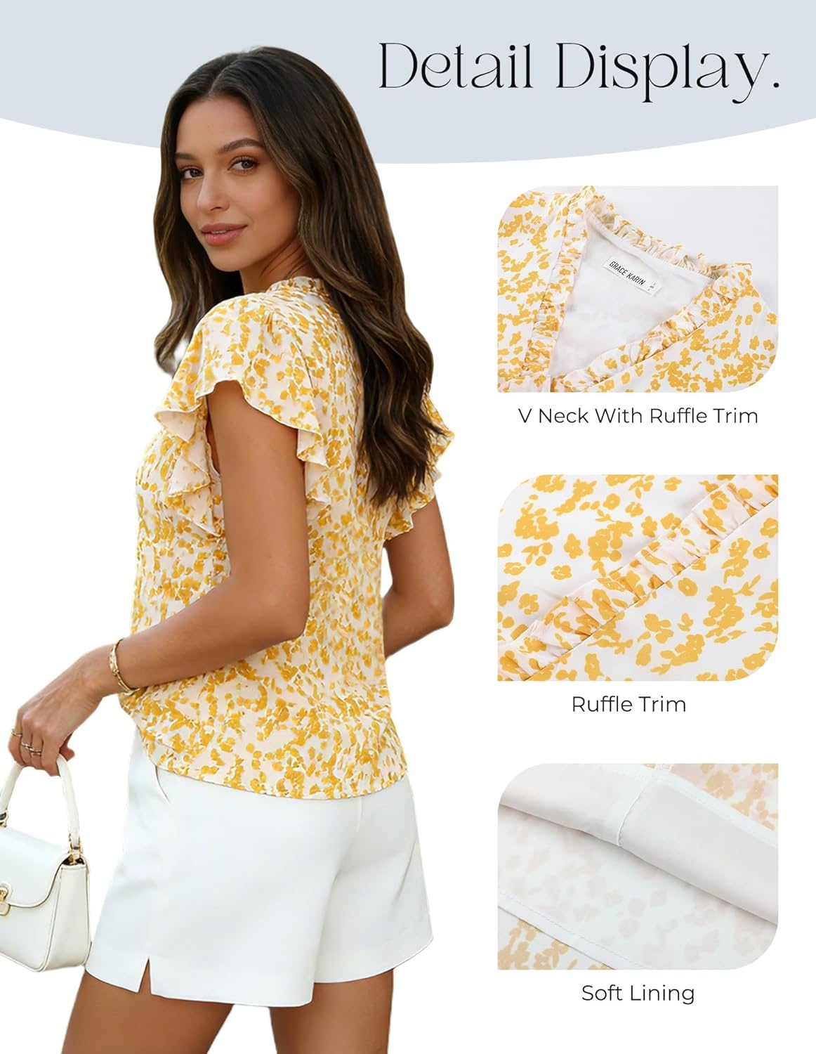 image:imageGRACE KARIN 2026 Boho Tops for Women Dressy CasualRuffle Sleeve Chiffon Blouses Floral ShirtsV Neck Summer Fashion ClothesYellow