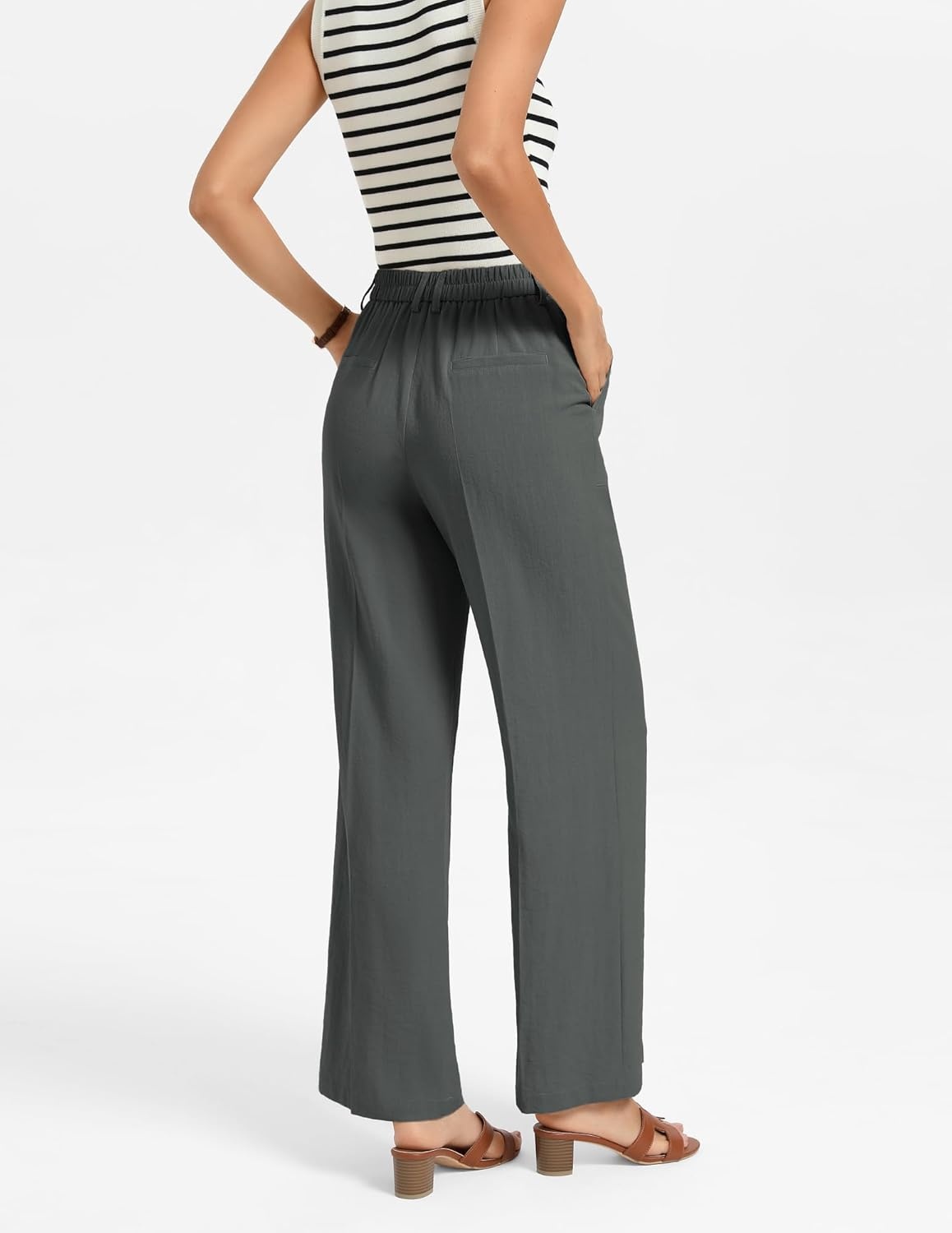 image:imageGRACE KARIN Linen Pants for WomenWork Dressy Trousers with PocketsHigh Waist Wide Leg Summer Comfy Slacks Pant ClothesCharcoal Grey