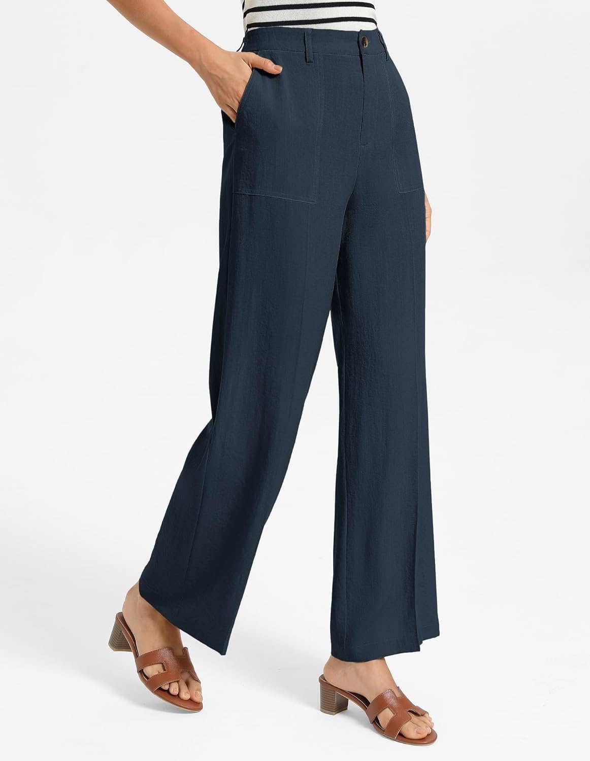 image:imageGRACE KARIN Linen Pants for WomenWork Dressy Trousers with PocketsHigh Waist Wide Leg Summer Comfy Slacks Pant ClothesNavy Blue