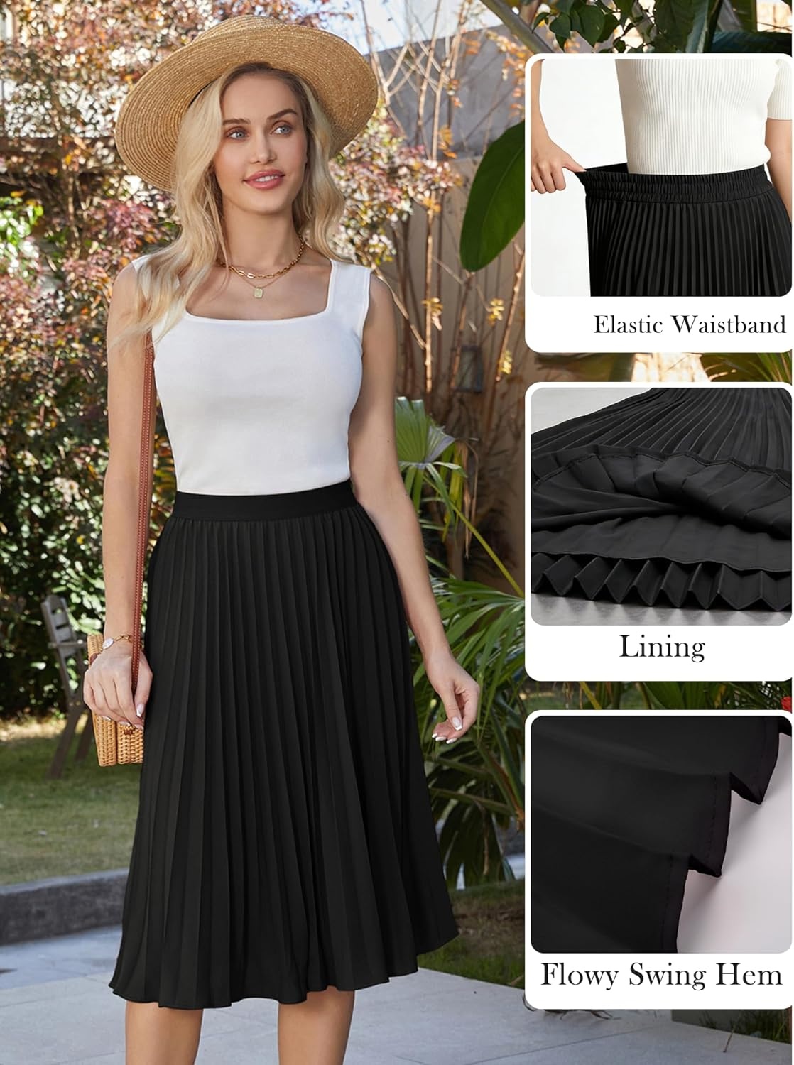 image:imageGRACE KARIN Pleated Midi Skirt for WomenChiffon Elastic High Waist Knee Length SkirtsSwing Flare ALine OutfitsBlack