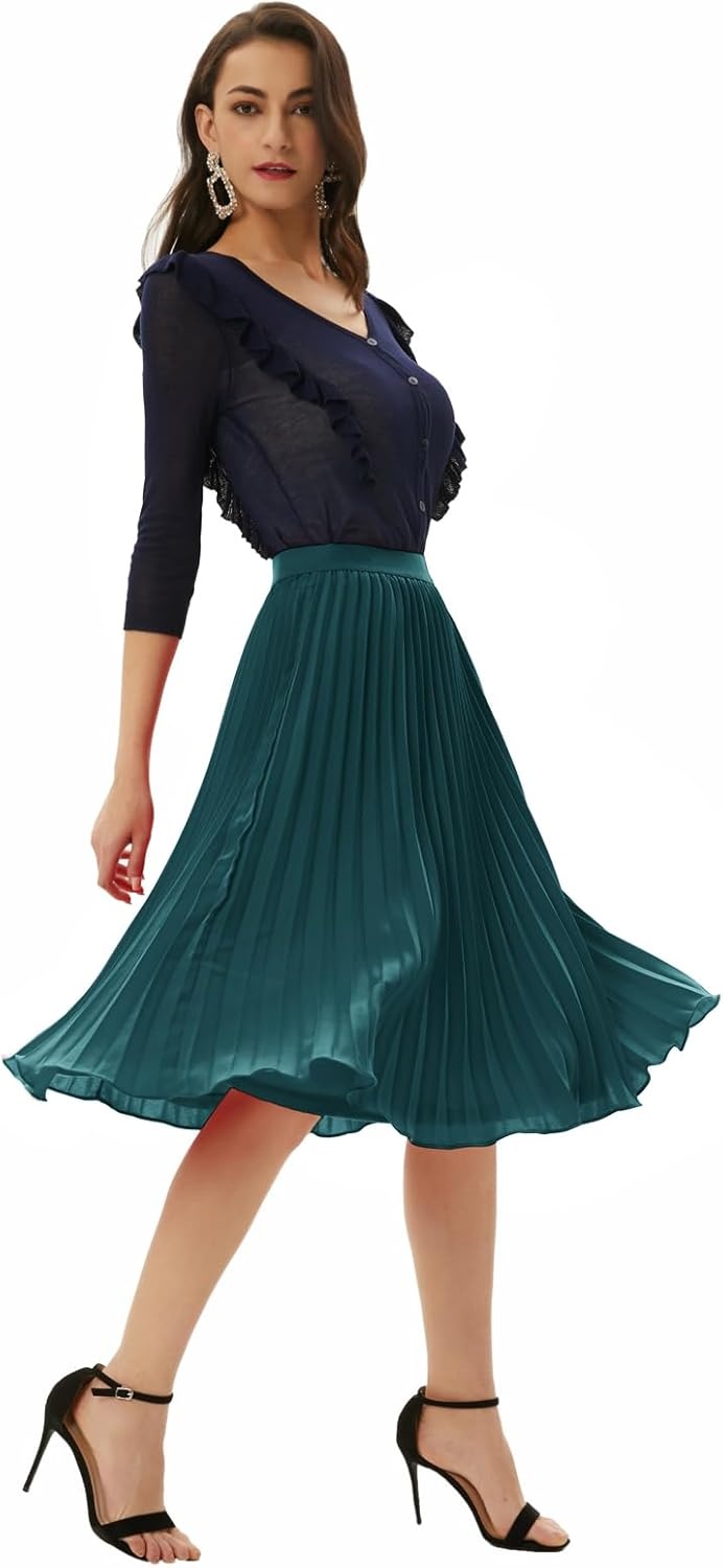 image:imageGRACE KARIN Pleated Midi Skirt for WomenChiffon Elastic High Waist Knee Length SkirtsSwing Flare ALine OutfitsBlackish Green