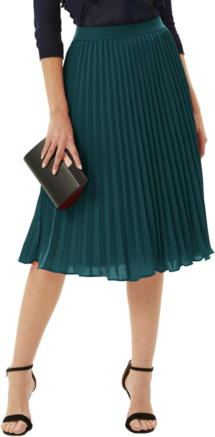 image:imageGRACE KARIN Pleated Midi Skirt for WomenChiffon Elastic High Waist Knee Length SkirtsSwing Flare ALine OutfitsBlackish Green
