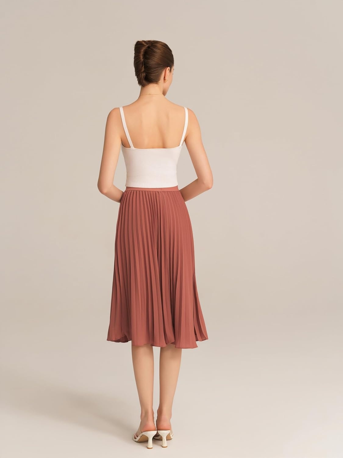 image:imageGRACE KARIN Pleated Midi Skirt for WomenChiffon Elastic High Waist Knee Length SkirtsSwing Flare ALine OutfitsBrown