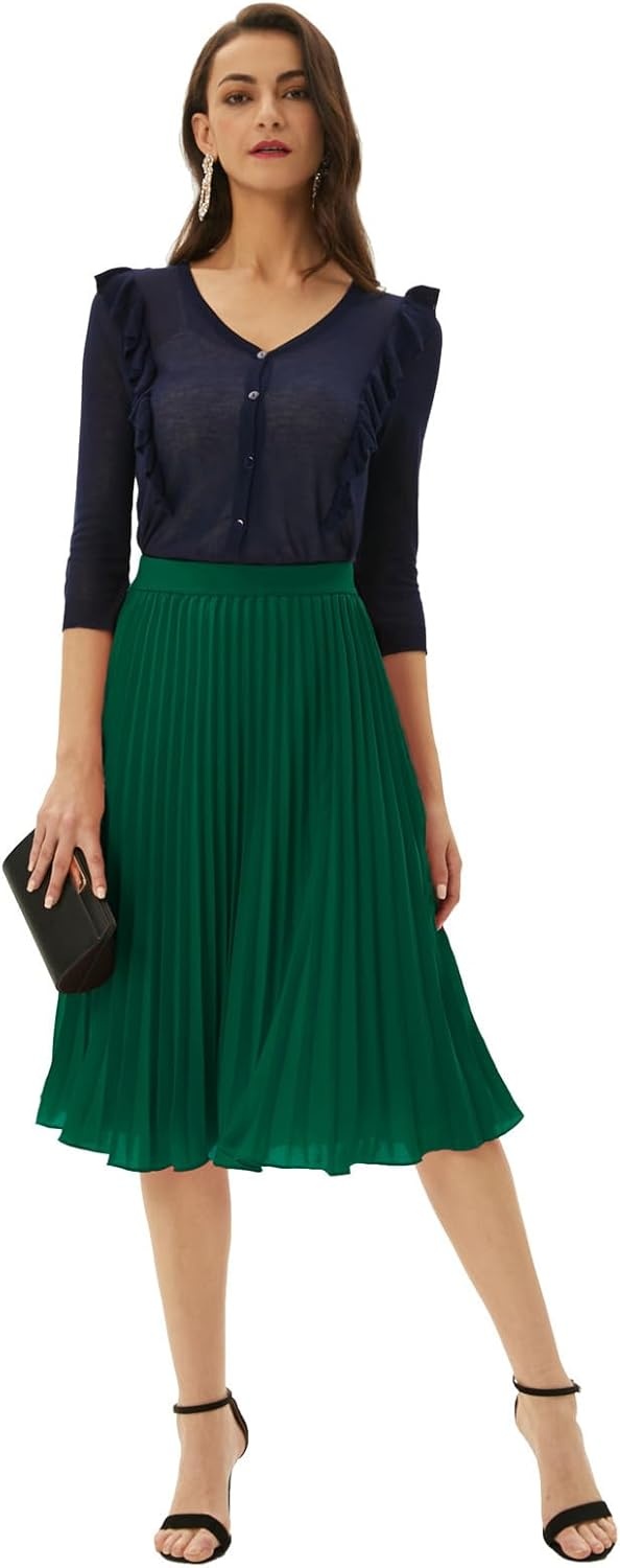 image:imageGRACE KARIN Pleated Midi Skirt for WomenChiffon Elastic High Waist Knee Length SkirtsSwing Flare ALine OutfitsDark Green