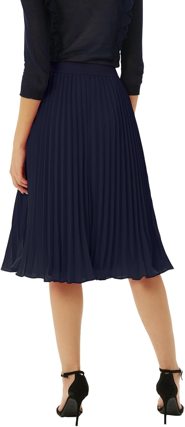 image:imageGRACE KARIN Pleated Midi Skirt for WomenChiffon Elastic High Waist Knee Length SkirtsSwing Flare ALine OutfitsDark Navy