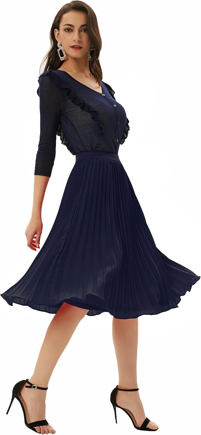 image:imageGRACE KARIN Pleated Midi Skirt for WomenChiffon Elastic High Waist Knee Length SkirtsSwing Flare ALine OutfitsDark Navy