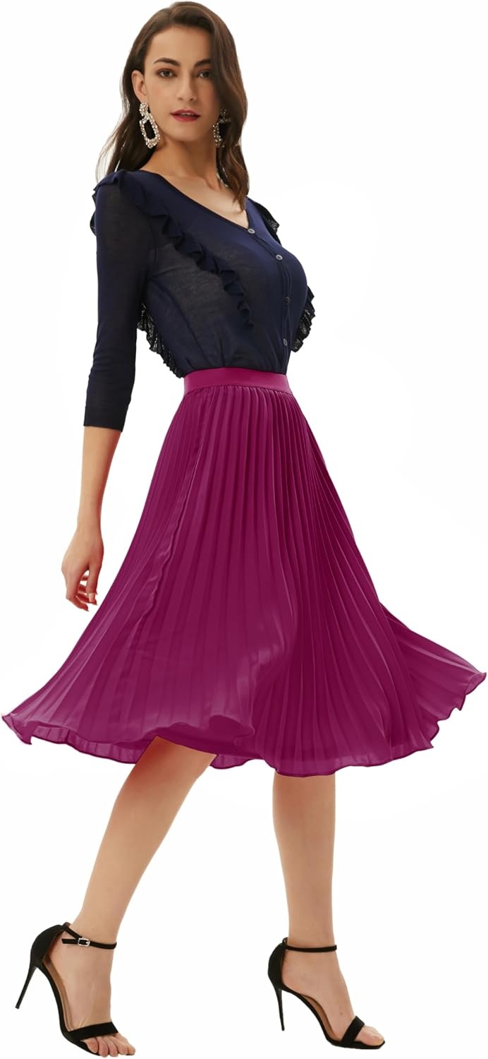 image:imageGRACE KARIN Pleated Midi Skirt for WomenChiffon Elastic High Waist Knee Length SkirtsSwing Flare ALine OutfitsDark Purple