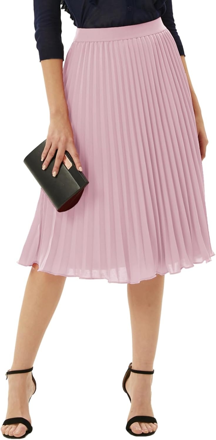 image:imageGRACE KARIN Pleated Midi Skirt for WomenChiffon Elastic High Waist Knee Length SkirtsSwing Flare ALine OutfitsDark Rose Pink