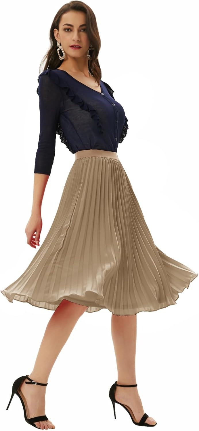 image:imageGRACE KARIN Pleated Midi Skirt for WomenChiffon Elastic High Waist Knee Length SkirtsSwing Flare ALine OutfitsKhaki