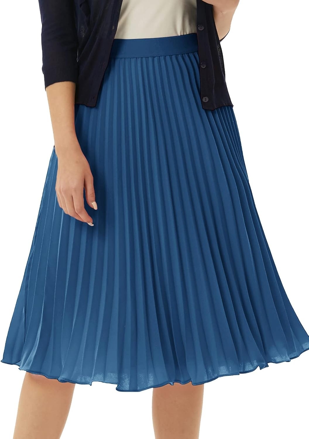 image:imageGRACE KARIN Pleated Midi Skirt for WomenChiffon Elastic High Waist Knee Length SkirtsSwing Flare ALine OutfitsLight Navy