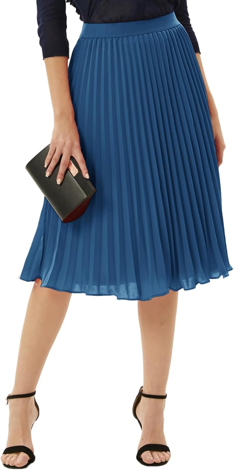 image:imageGRACE KARIN Pleated Midi Skirt for WomenChiffon Elastic High Waist Knee Length SkirtsSwing Flare ALine OutfitsLight Navy