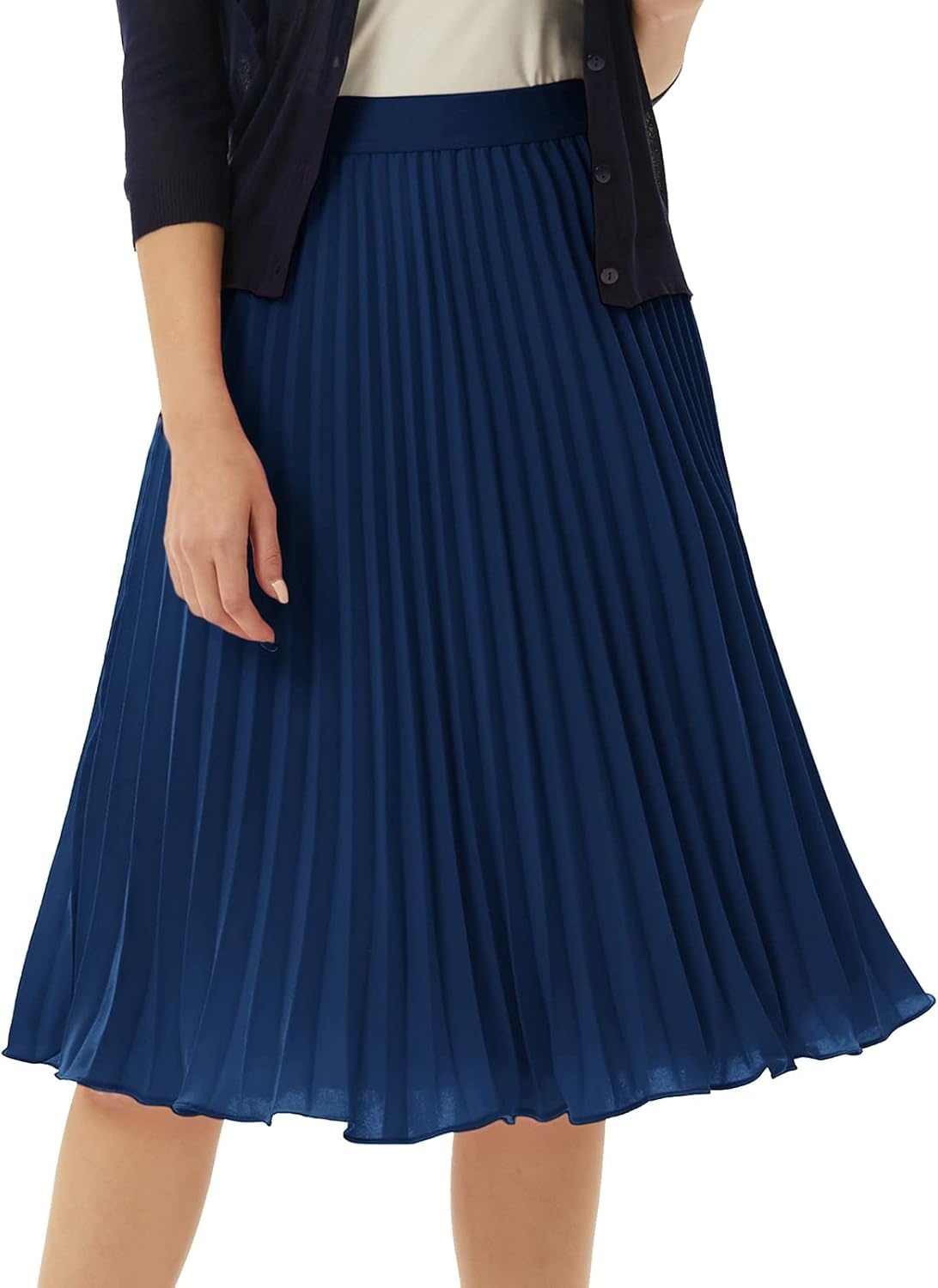 image:imageGRACE KARIN Pleated Midi Skirt for WomenChiffon Elastic High Waist Knee Length SkirtsSwing Flare ALine OutfitsNavy