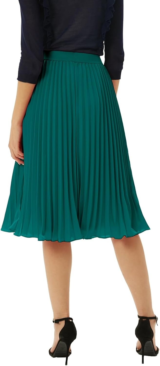 image:imageGRACE KARIN Pleated Midi Skirt for WomenChiffon Elastic High Waist Knee Length SkirtsSwing Flare ALine OutfitsPeacock Blue