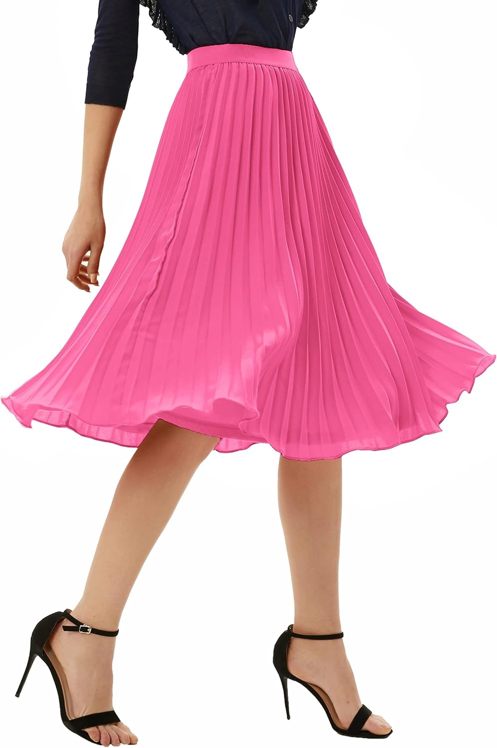 image:imageGRACE KARIN Pleated Midi Skirt for WomenChiffon Elastic High Waist Knee Length SkirtsSwing Flare ALine OutfitsRose Pink