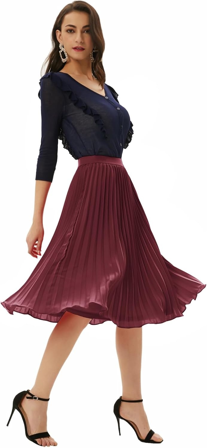 image:imageGRACE KARIN Pleated Midi Skirt for WomenChiffon Elastic High Waist Knee Length SkirtsSwing Flare ALine OutfitsWine Red