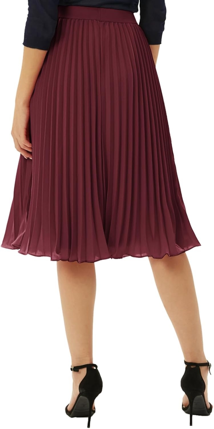 image:imageGRACE KARIN Pleated Midi Skirt for WomenChiffon Elastic High Waist Knee Length SkirtsSwing Flare ALine OutfitsWine Red