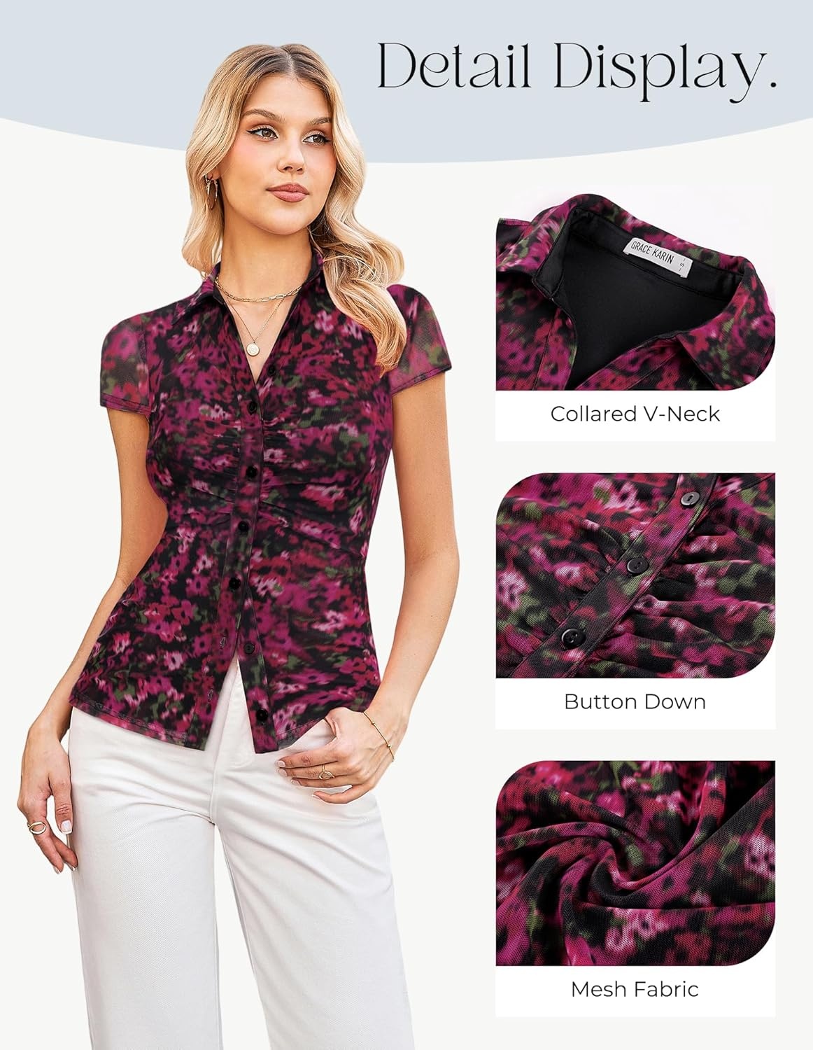 image:imageGRACE KARIN Women Mesh Boho Tops Dressy Casual Floral Short Sleeve Button Down Collared Blouses 2026 Fashion Summer ClothesBlack Red