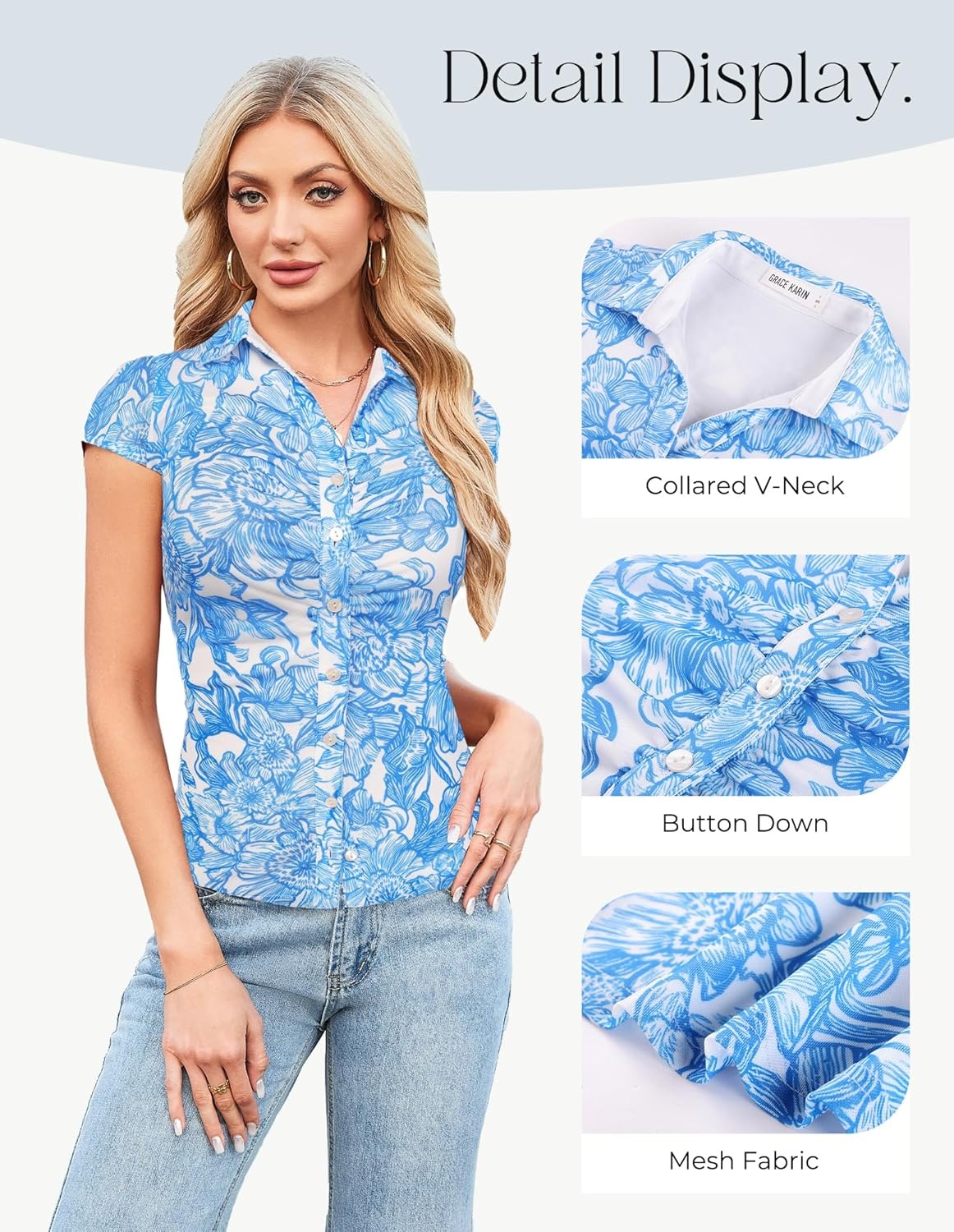 image:imageGRACE KARIN Women Mesh Boho Tops Dressy Casual Floral Short Sleeve Button Down Collared Blouses 2026 Fashion Summer ClothesBlue White