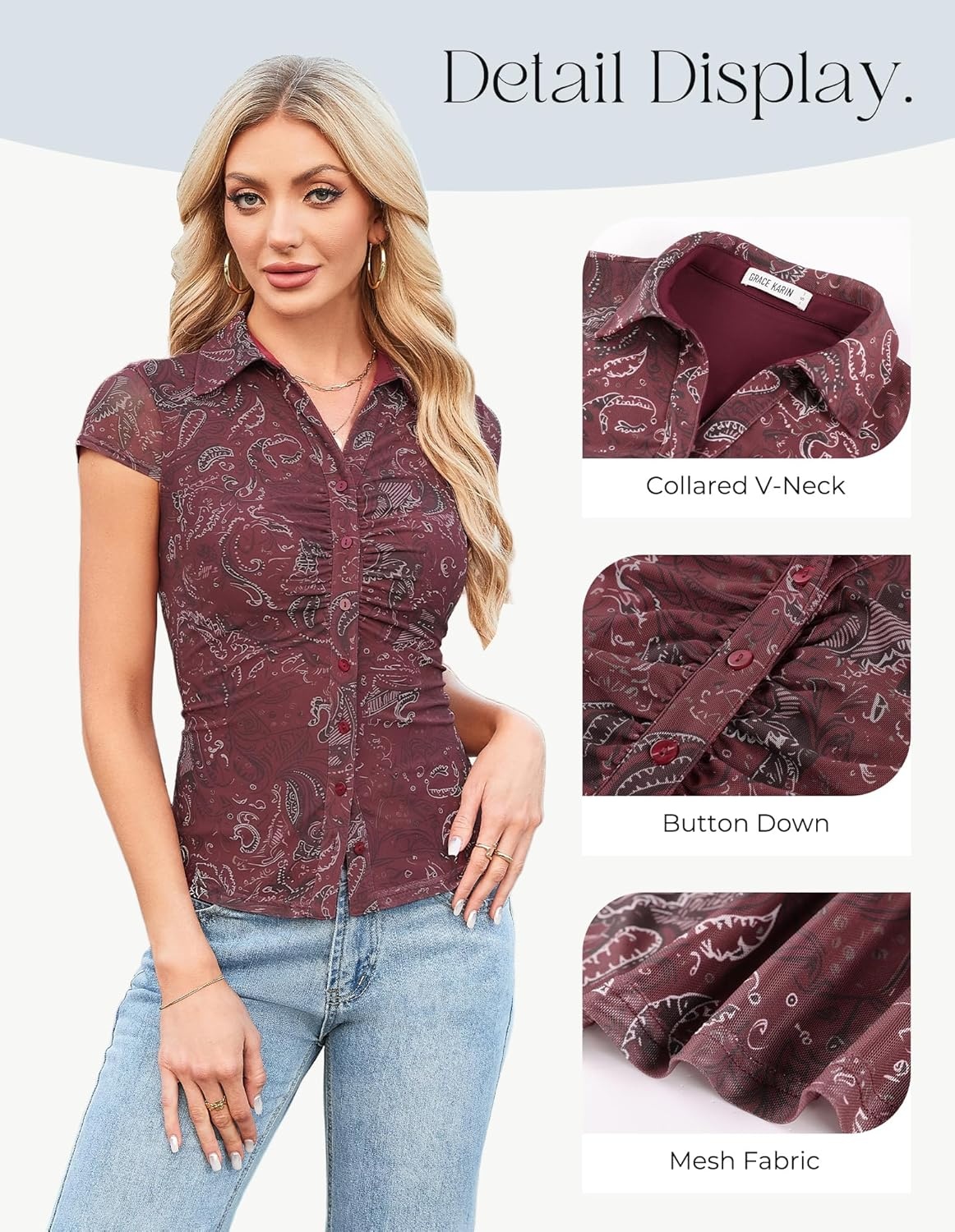 image:imageGRACE KARIN Women Mesh Boho Tops Dressy Casual Floral Short Sleeve Button Down Collared Blouses 2026 Fashion Summer ClothesBurgundy