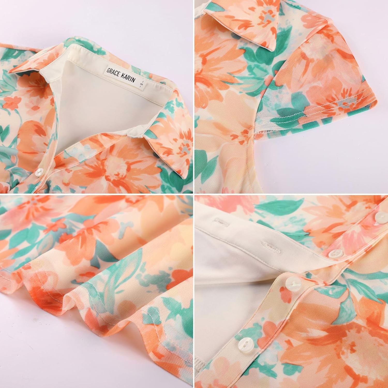 image:imageGRACE KARIN Women Mesh Boho Tops Dressy Casual Floral Short Sleeve Button Down Collared Blouses 2026 Fashion Summer ClothesGreen 0range