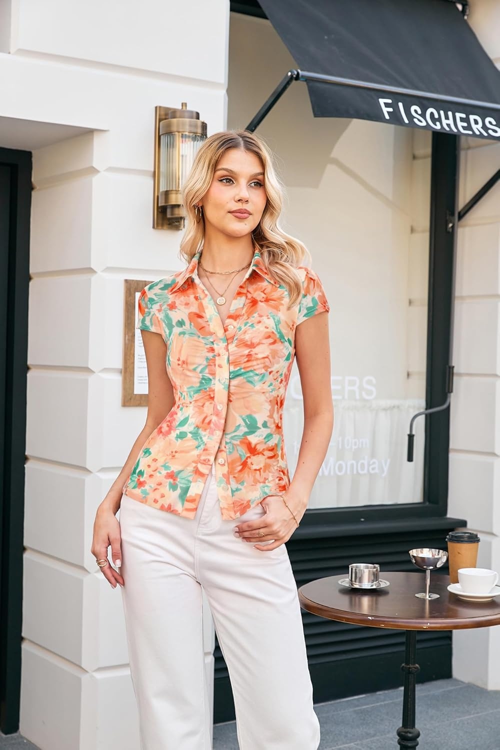 image:imageGRACE KARIN Women Mesh Boho Tops Dressy Casual Floral Short Sleeve Button Down Collared Blouses 2026 Fashion Summer ClothesGreen 0range