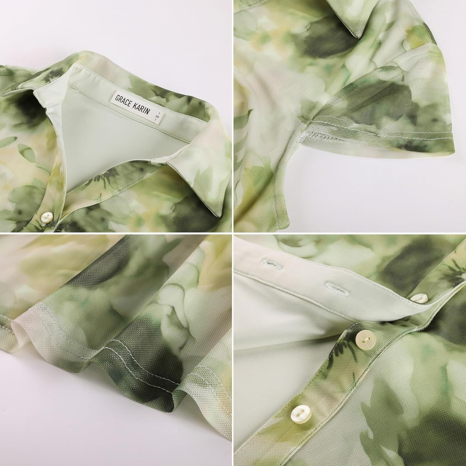 image:imageGRACE KARIN Women Mesh Boho Tops Dressy Casual Floral Short Sleeve Button Down Collared Blouses 2026 Fashion Summer ClothesGreen Tie Dye