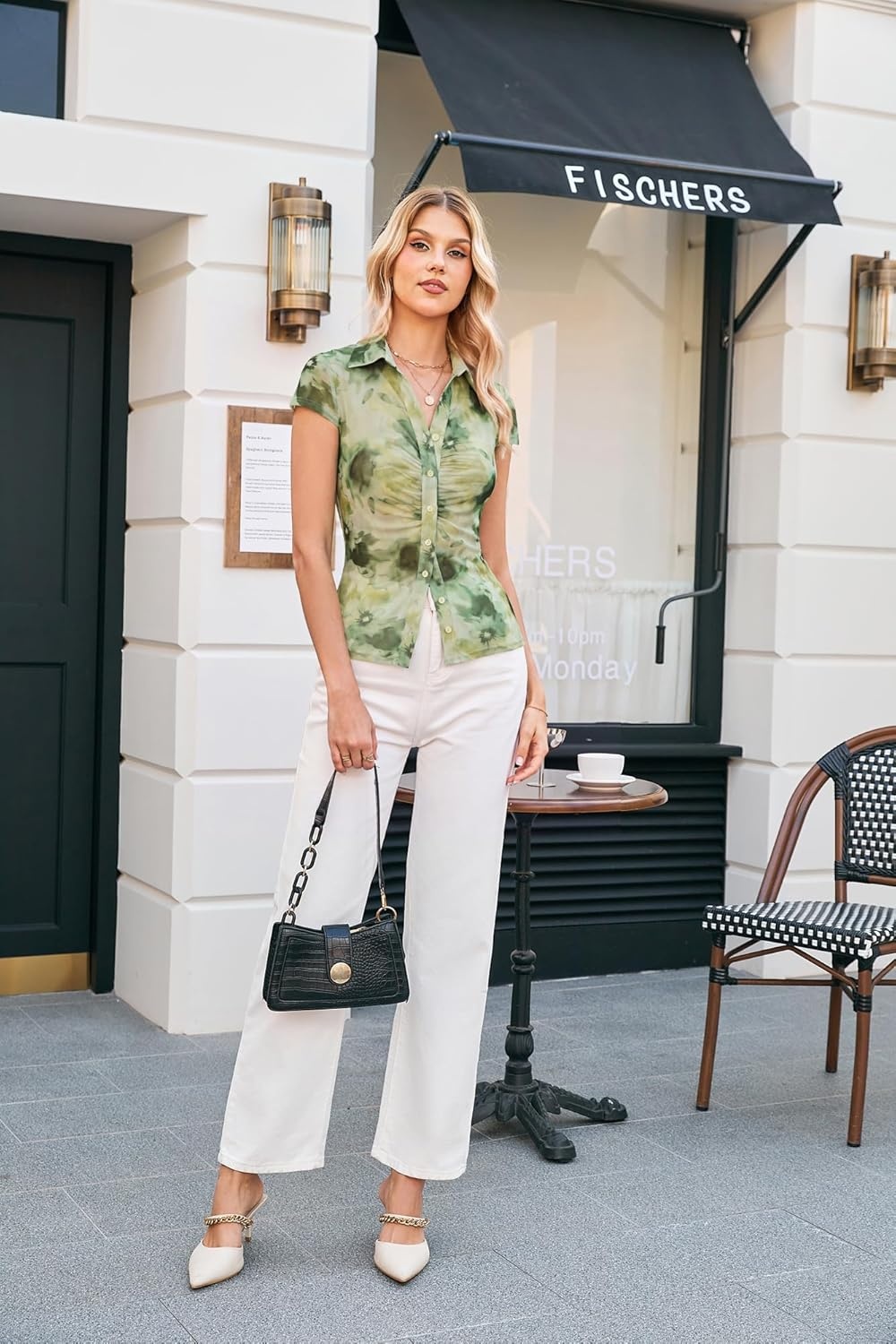 image:imageGRACE KARIN Women Mesh Boho Tops Dressy Casual Floral Short Sleeve Button Down Collared Blouses 2026 Fashion Summer ClothesGreen Tie Dye