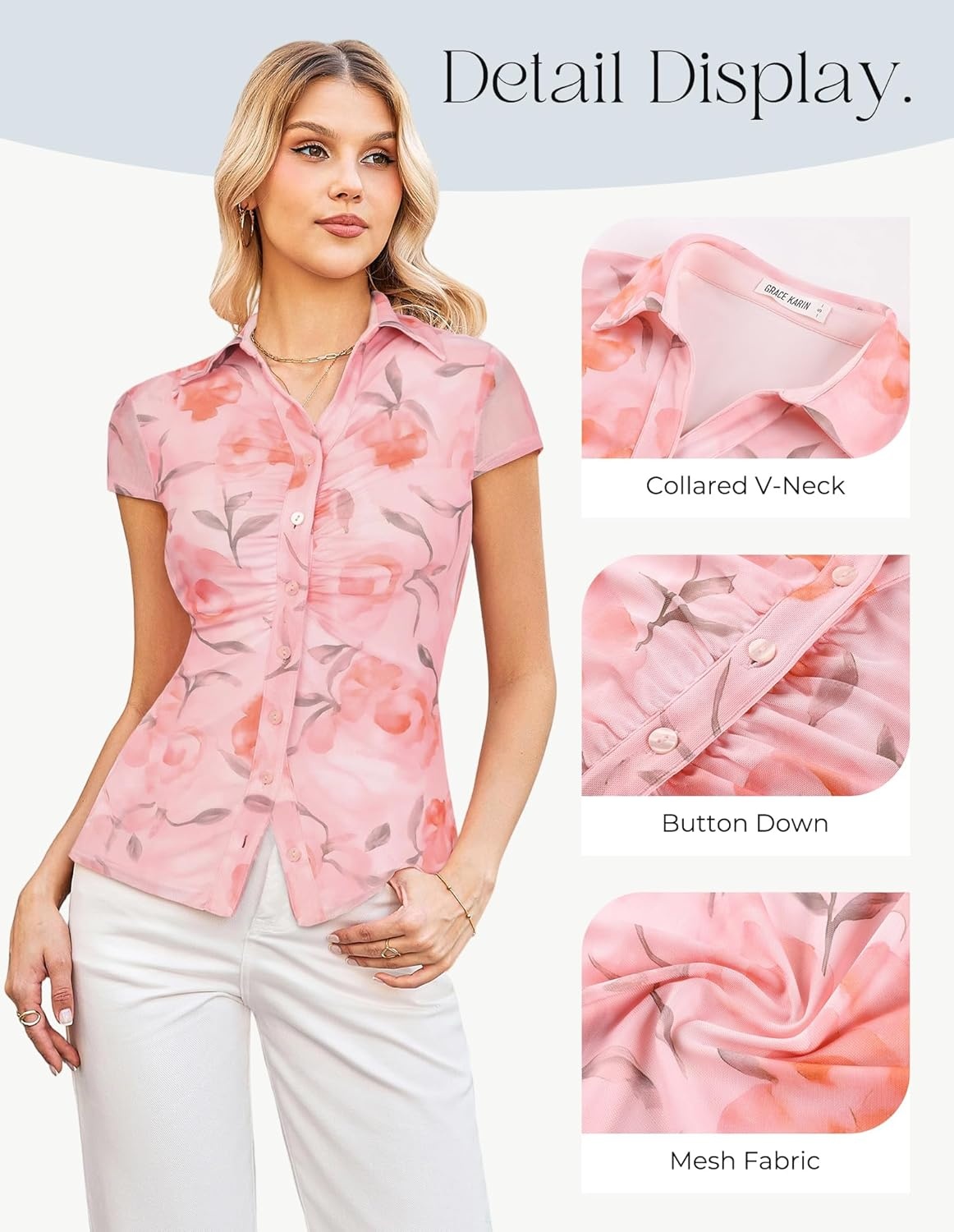 image:imageGRACE KARIN Women Mesh Boho Tops Dressy Casual Floral Short Sleeve Button Down Collared Blouses 2026 Fashion Summer ClothesPink