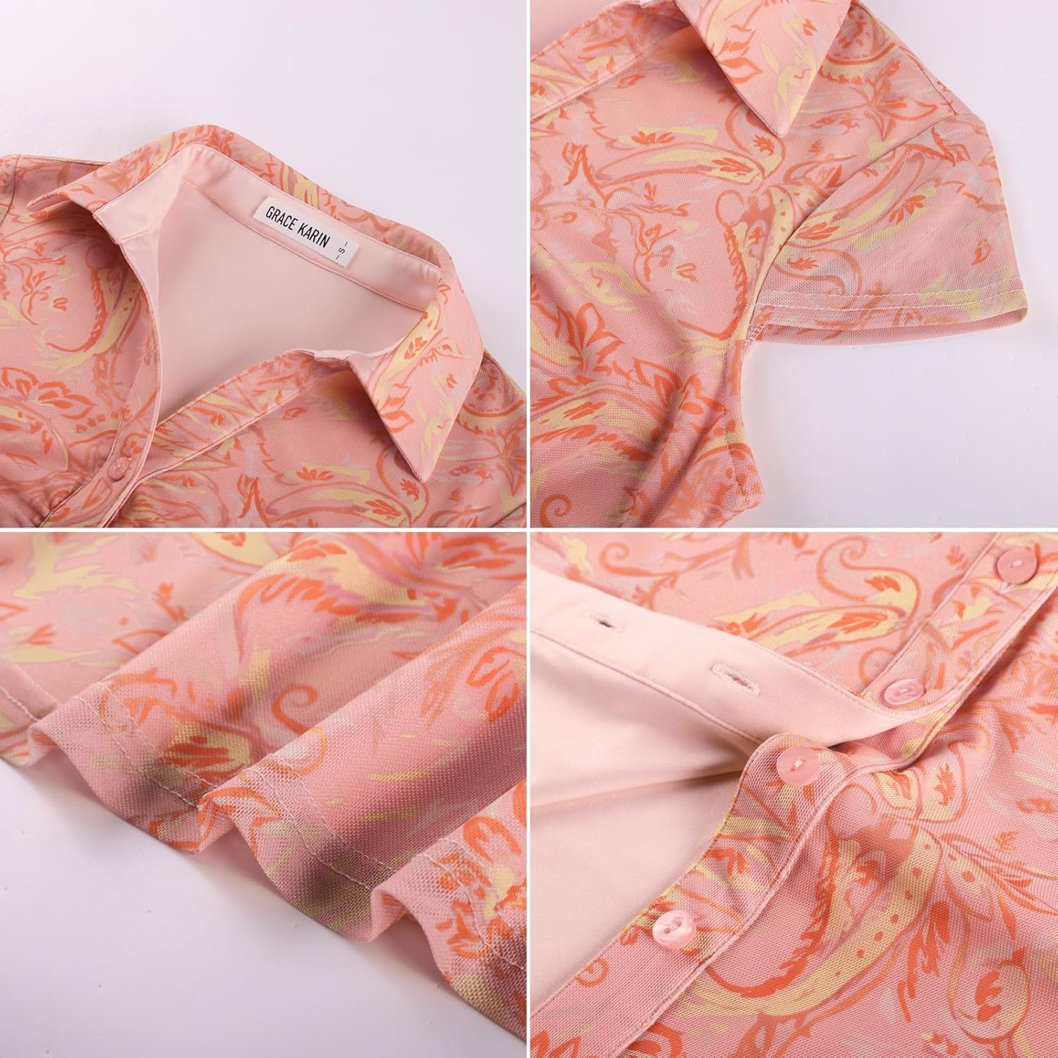 image:imageGRACE KARIN Women Mesh Boho Tops Dressy Casual Floral Short Sleeve Button Down Collared Blouses 2026 Fashion Summer ClothesPink Yellow