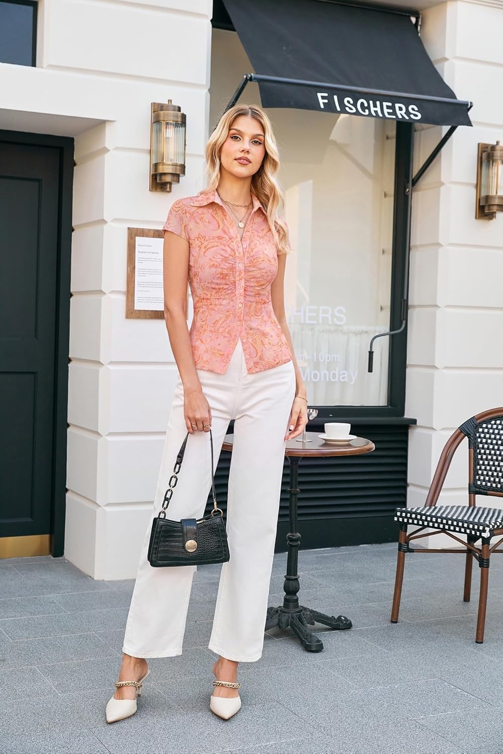 image:imageGRACE KARIN Women Mesh Boho Tops Dressy Casual Floral Short Sleeve Button Down Collared Blouses 2026 Fashion Summer ClothesPink Yellow