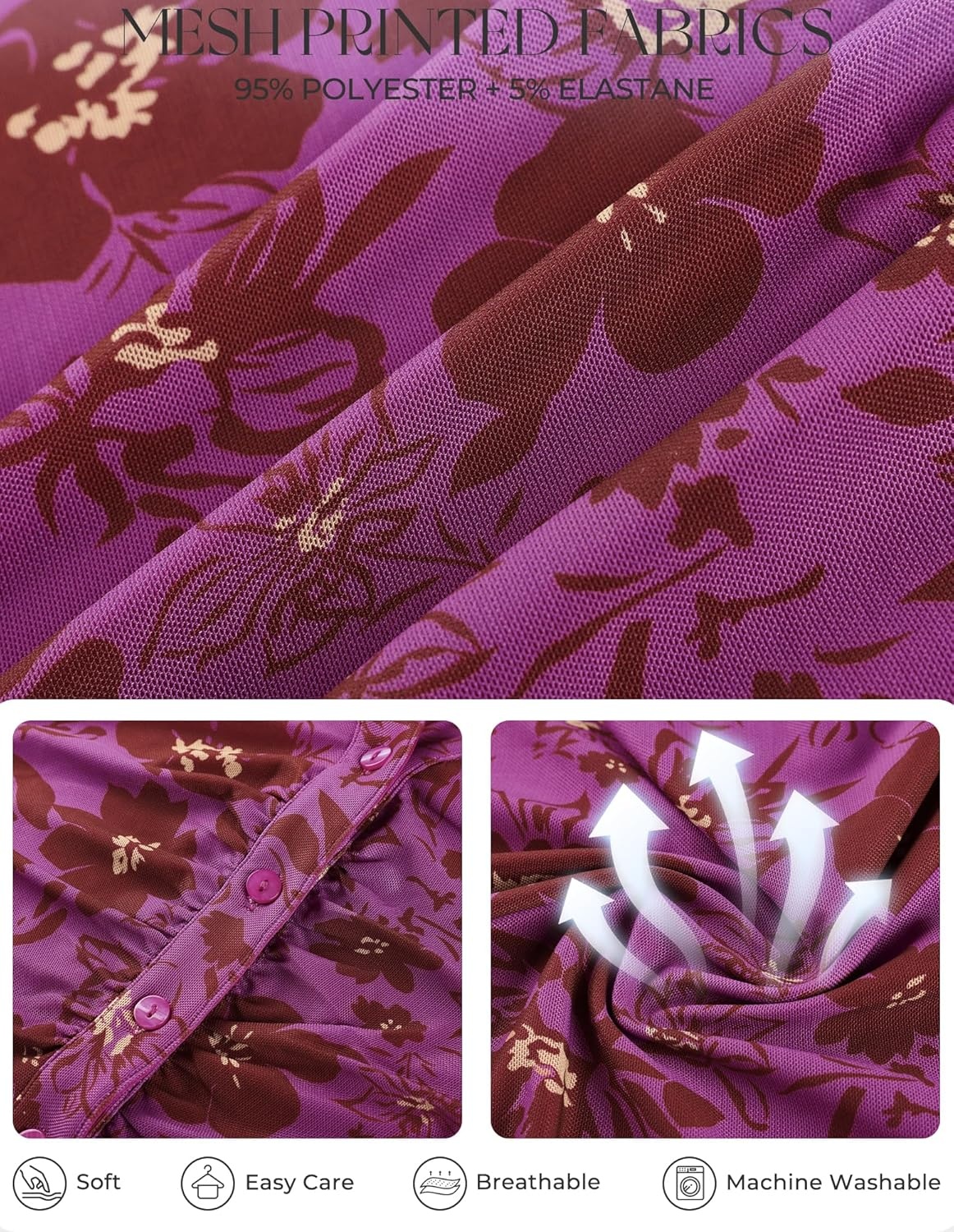 image:imageGRACE KARIN Women Mesh Boho Tops Dressy Casual Floral Short Sleeve Button Down Collared Blouses 2026 Fashion Summer ClothesPurple Floral