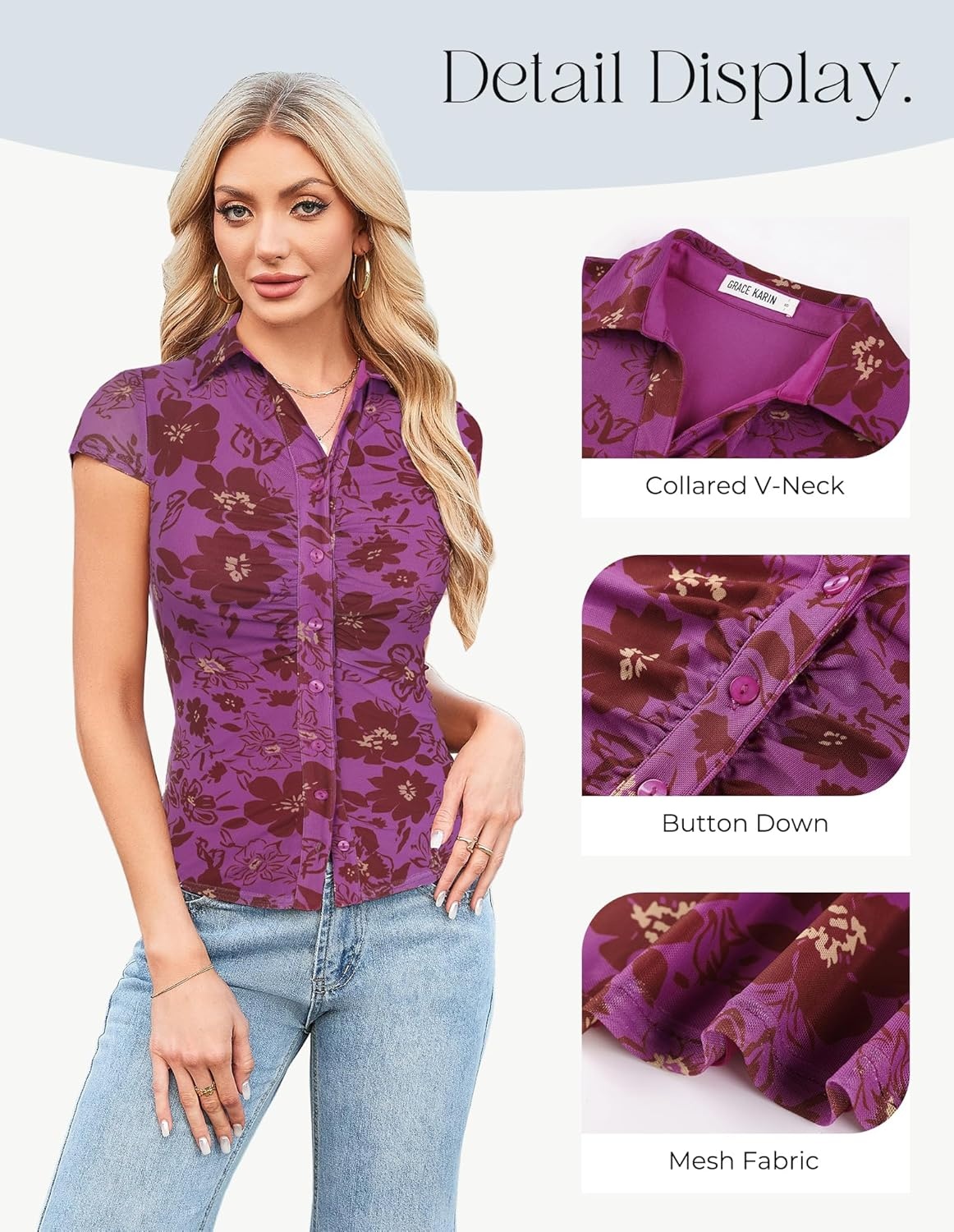 image:imageGRACE KARIN Women Mesh Boho Tops Dressy Casual Floral Short Sleeve Button Down Collared Blouses 2026 Fashion Summer ClothesPurple Floral