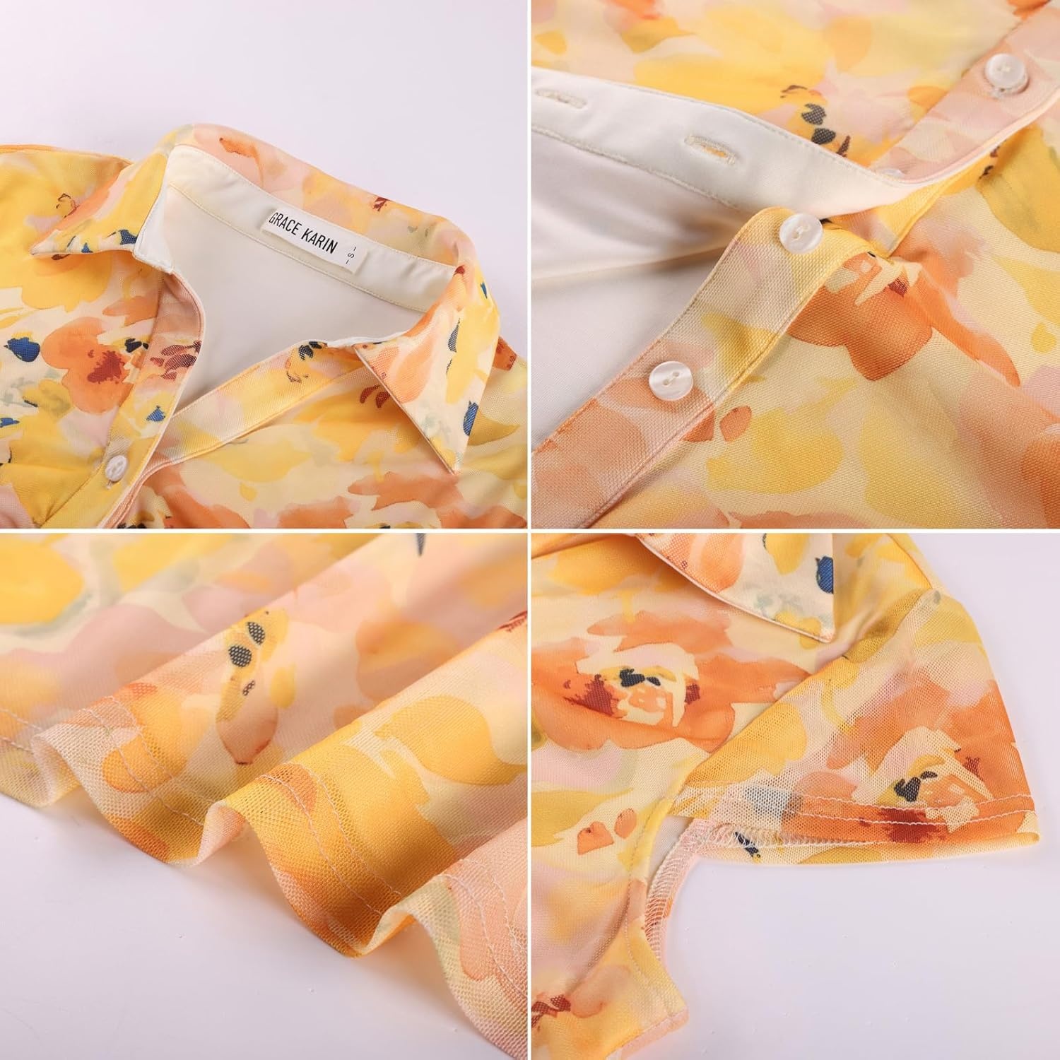 image:imageGRACE KARIN Women Mesh Boho Tops Dressy Casual Floral Short Sleeve Button Down Collared Blouses 2026 Fashion Summer ClothesYellow Orange