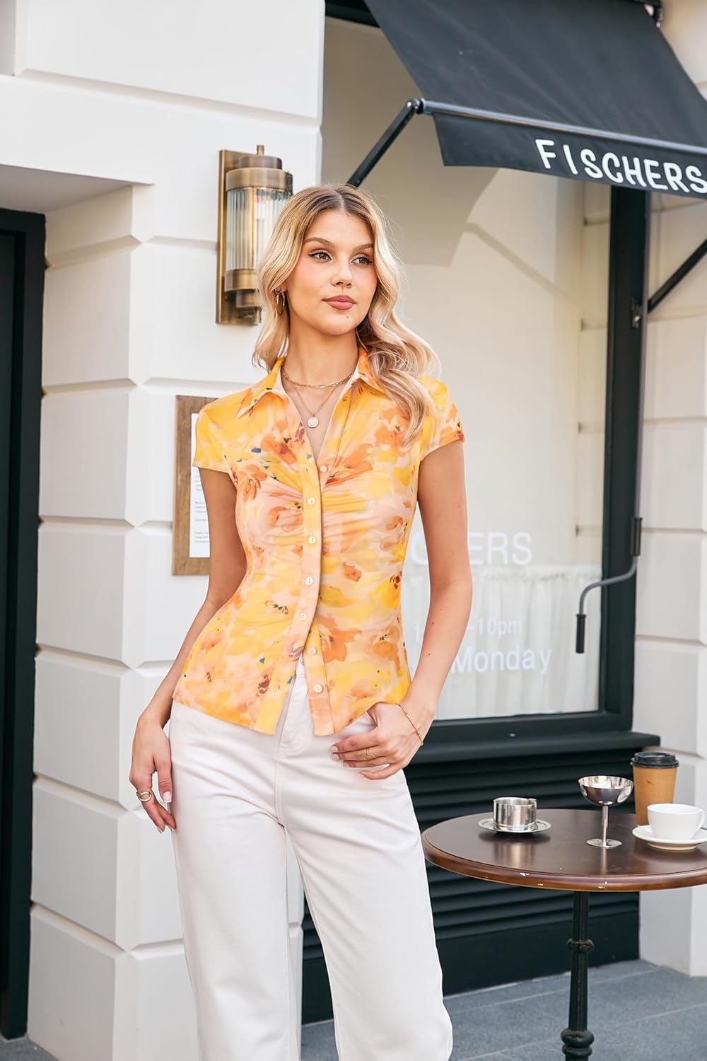 image:imageGRACE KARIN Women Mesh Boho Tops Dressy Casual Floral Short Sleeve Button Down Collared Blouses 2026 Fashion Summer ClothesYellow Orange