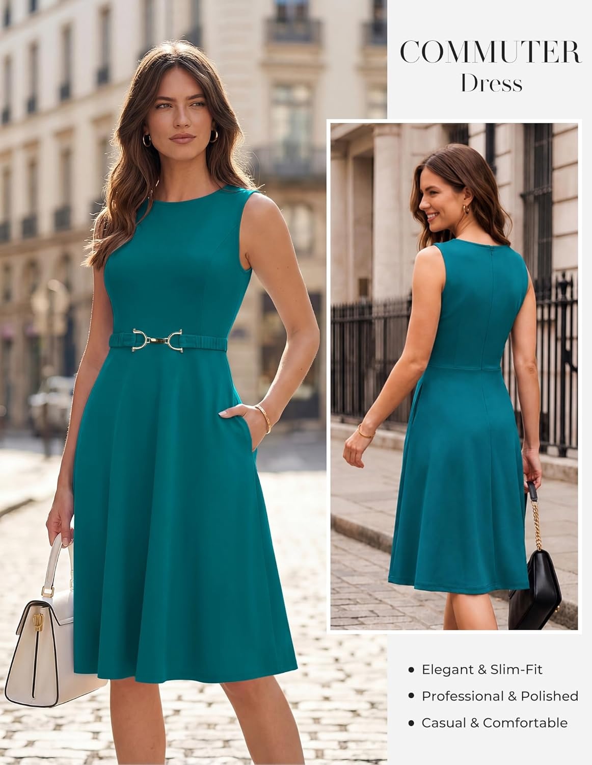 image:imageGRACE KARIN Womens Summer Work Dress 2026 Sleeveless Crewneck A Line Midi Dresses Flowy Business Dresses Outfits with PocketsBlue Green