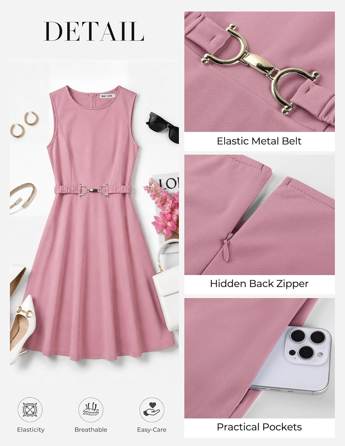 image:imageGRACE KARIN Womens Summer Work Dress 2026 Sleeveless Crewneck A Line Midi Dresses Flowy Business Dresses Outfits with PocketsGray Pink