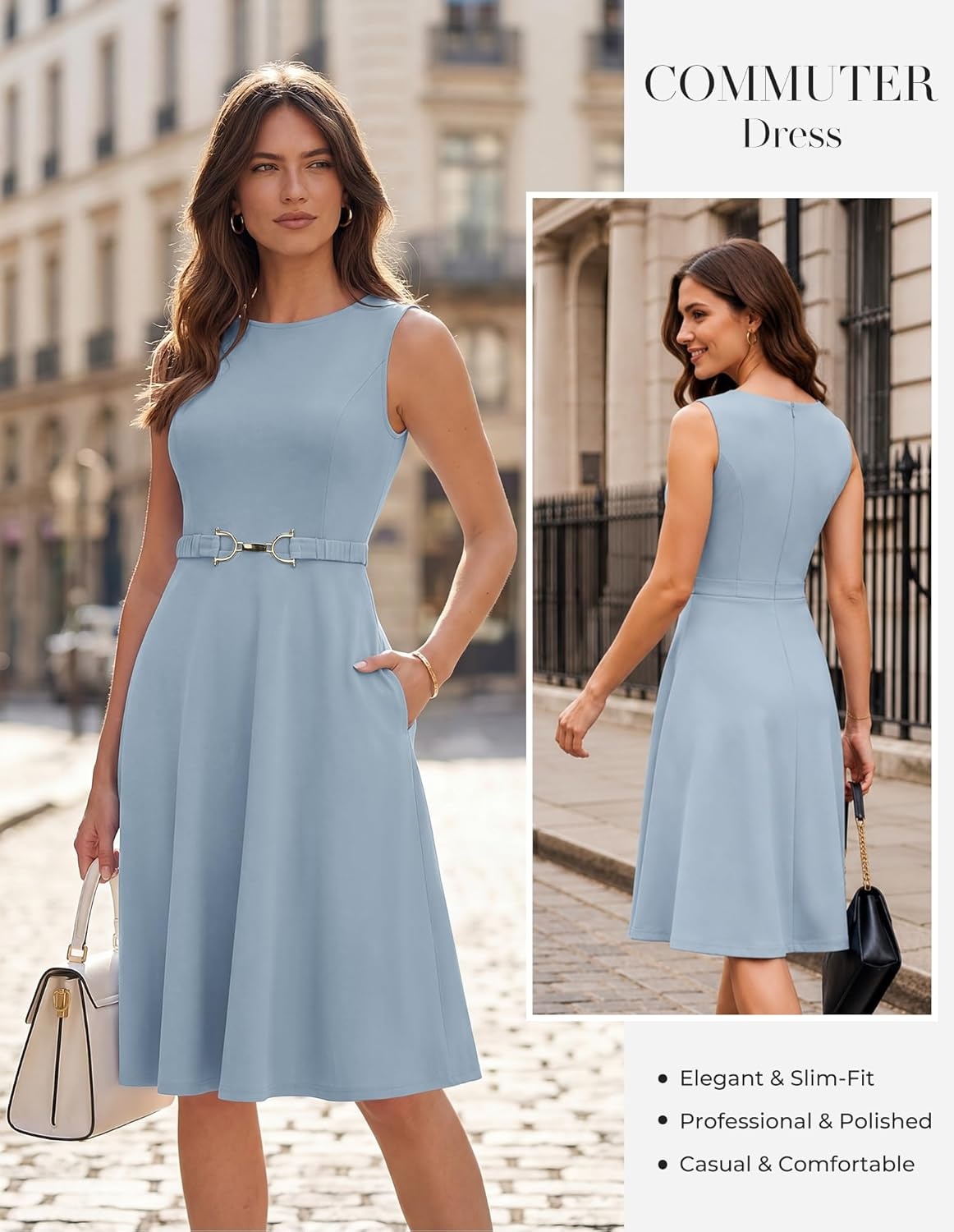 image:imageGRACE KARIN Womens Summer Work Dress 2026 Sleeveless Crewneck A Line Midi Dresses Flowy Business Dresses Outfits with PocketsLight Blue